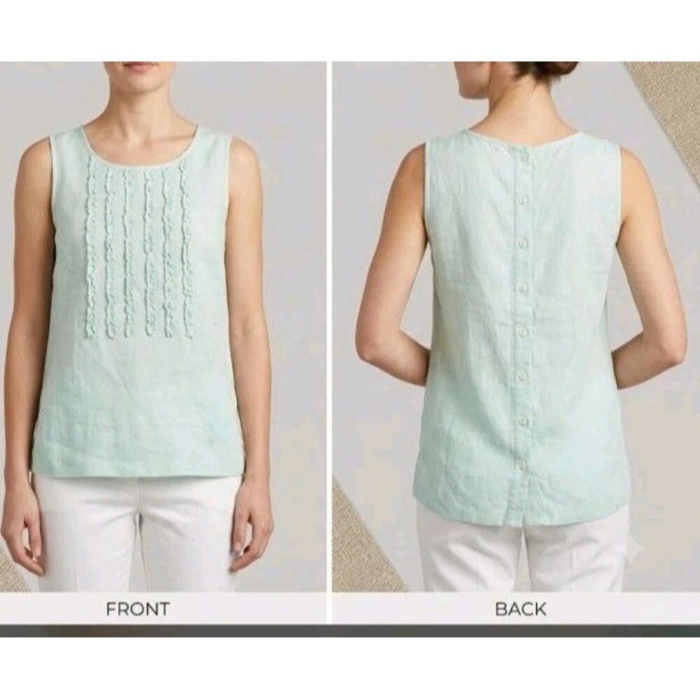 Andrea Jovine Top 100% Linen Size L Sleeveless Button Back Ruffle Front